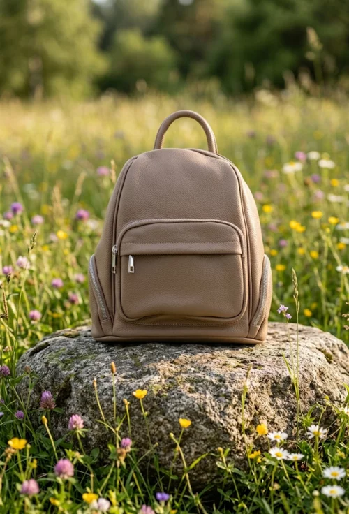 Rucsac dama taupe din piele cu buzunare picture - 3