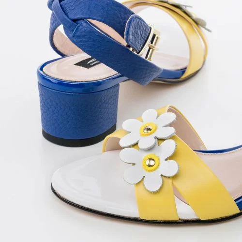 Sandale albastre cu galben si model floral din piele naturala Sasha