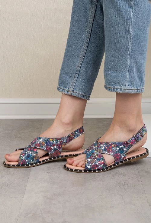 Sandale albastre cu imprimeu floral din piele naturala Yoyo