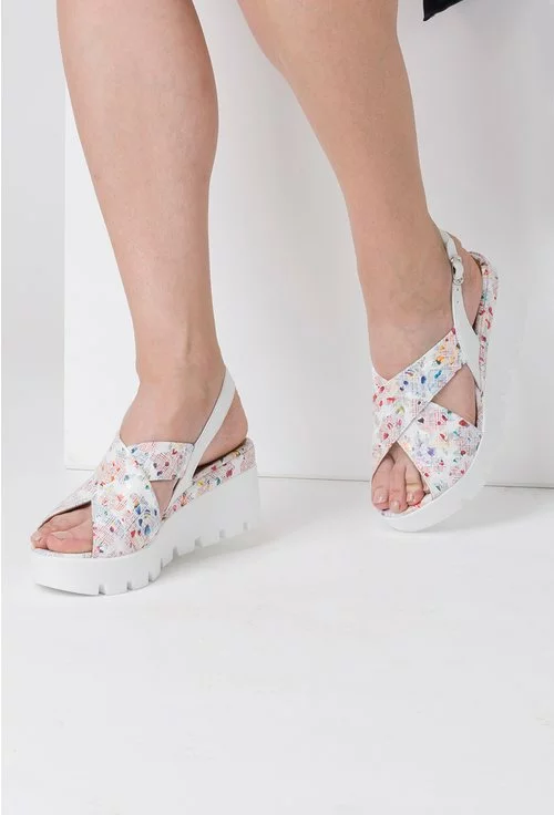 Sandale albe cu imprimeu floral multicolor din piele naturala Fabien