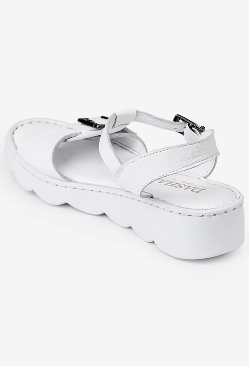 Sandale albe din piele cu doua catarame