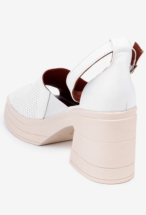 Sandale albe din piele cu toc gros si platforma