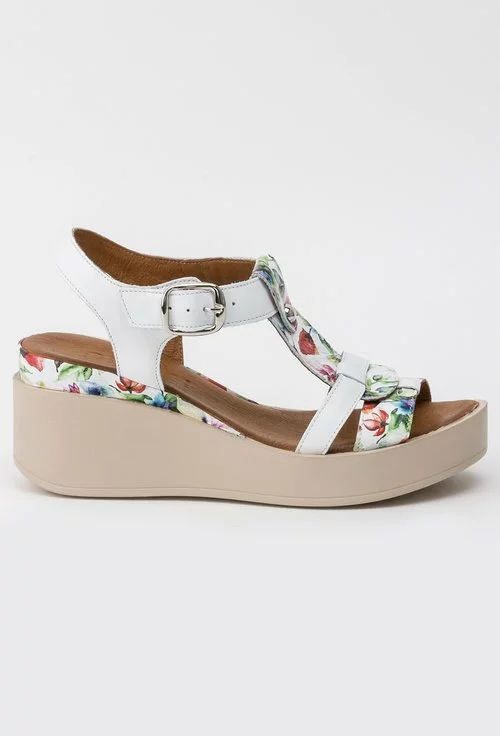 Sandale albe din piele naturala cu imprimeu floral Anabella
