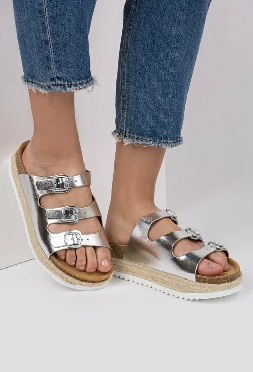 Sandale argintiu metalizat din piele naturala Helena