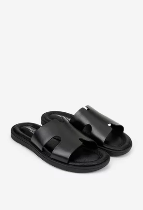 Sandale barbati stil papuc din piele naturala neagra