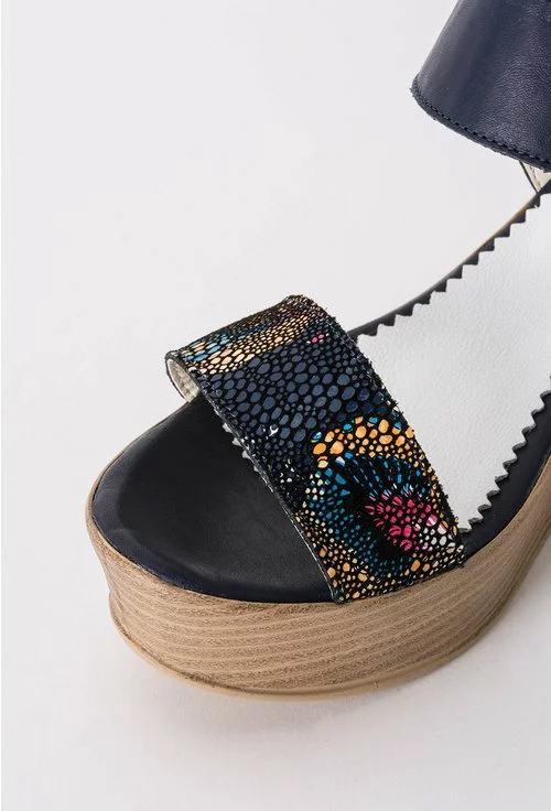 Sandale bleumarin cu imprimeu floral multicolor din piele naturala Noka