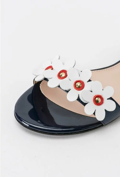 Sandale bleumarin cu model floral alb din piele naturala Monique