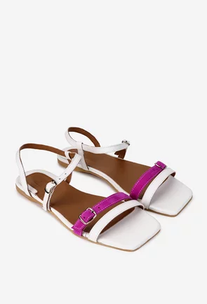 Sandale dama albe cu fuchsia din piele naturala