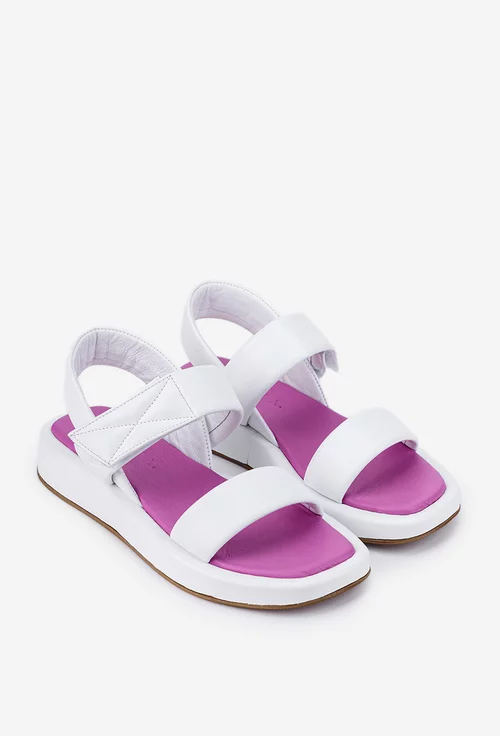 Sandale dama albe din piele cu inchidere scai