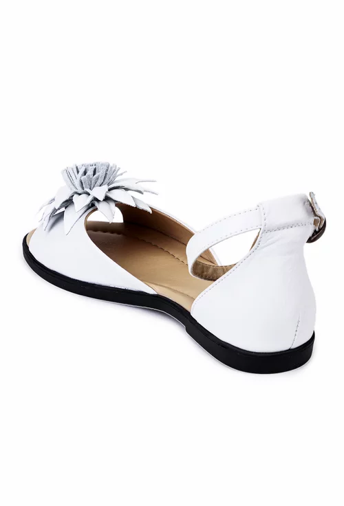 Sandale dama albe din piele cu ornament floare