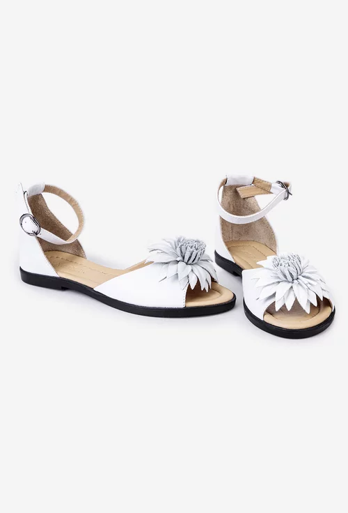 Sandale dama albe din piele cu ornament floare