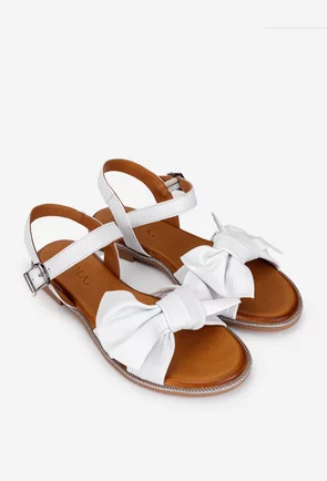 Sandale dama albe din piele naturala accesorizate cu funda