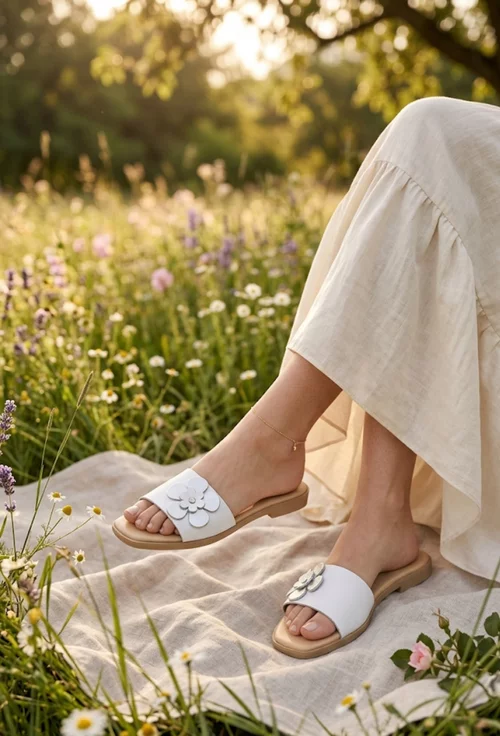 Sandale dama albe din piele naturala cu floare model tip papuc