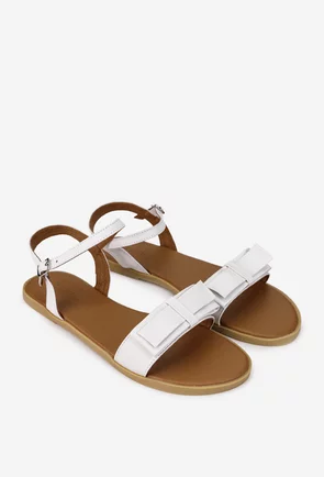 Sandale dama albe din piele naturala cu funda