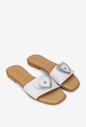 Sandale dama albe din piele naturala cu ornament model stil papuc