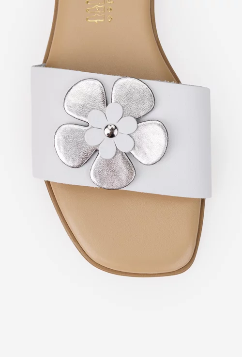 Sandale dama albe din piele naturala cu ornament model tip papuc