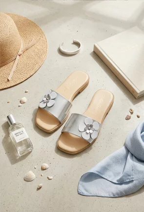 Sandale dama argintii din piele naturala cu floare model tip papuc