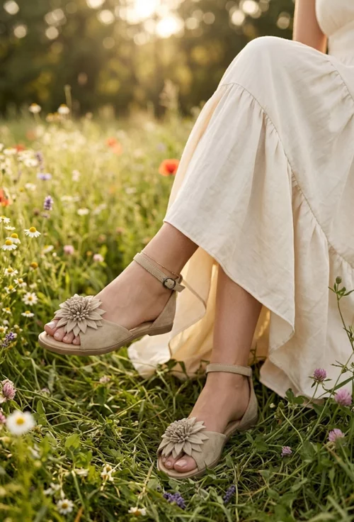 Sandale dama bej din piele intoarsa cu detaliu floare picture - 2