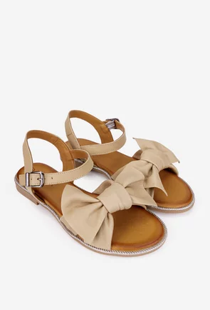 Sandale dama bej din piele naturala accesorizate cu funda