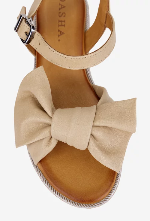 Sandale dama bej din piele naturala accesorizate cu funda