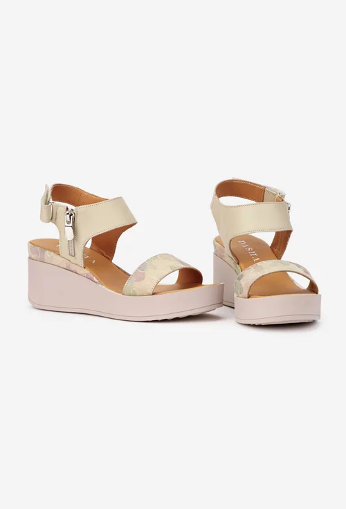 Sandale dama bej din piele naturala cu imprimeu