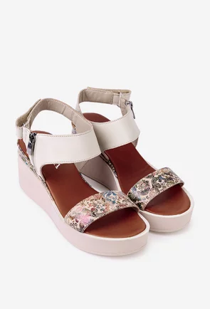 Sandale dama bej din piele naturala cu imprimeu multicolor