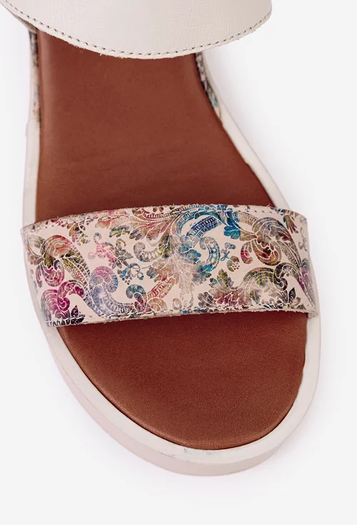 Sandale dama bej din piele naturala cu imprimeu multicolor