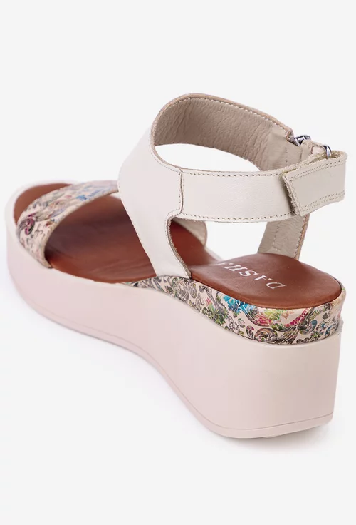 Sandale dama bej din piele naturala cu imprimeu multicolor