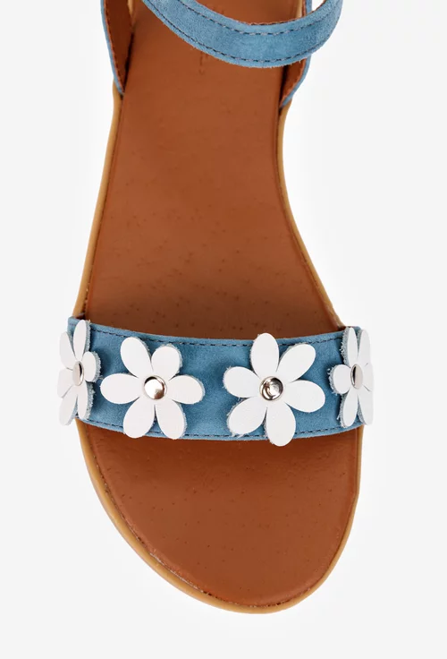Sandale dama bleu din piele intoarsa cu flori albe