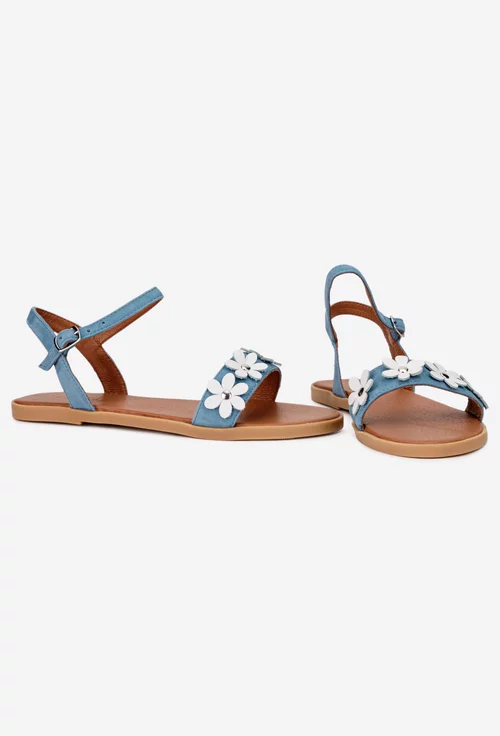 Sandale dama bleu din piele intoarsa cu flori albe
