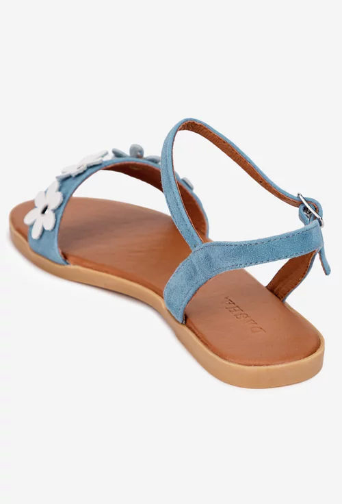 Sandale dama bleu din piele intoarsa cu flori albe