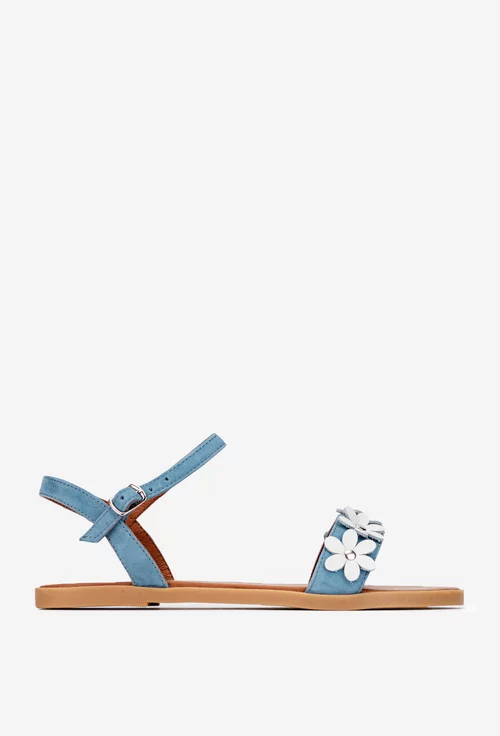 Sandale dama bleu din piele intoarsa cu flori albe