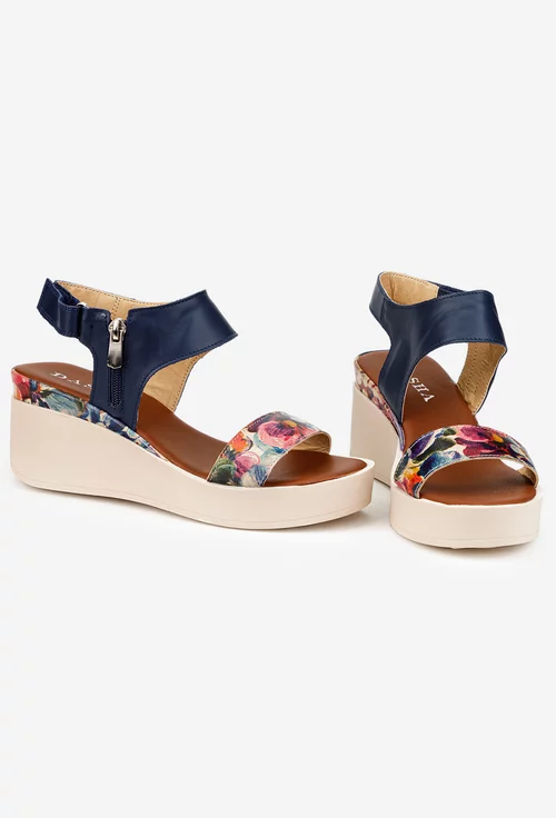 Sandale dama bleumarin din piele cu detalii florale picture - 6