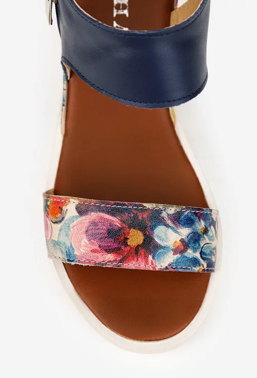 Sandale dama bleumarin din piele cu detalii florale picture - 7