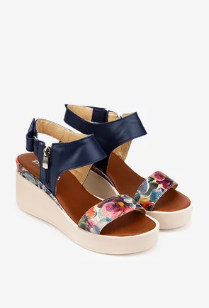 Sandale dama bleumarin din piele cu detalii florale