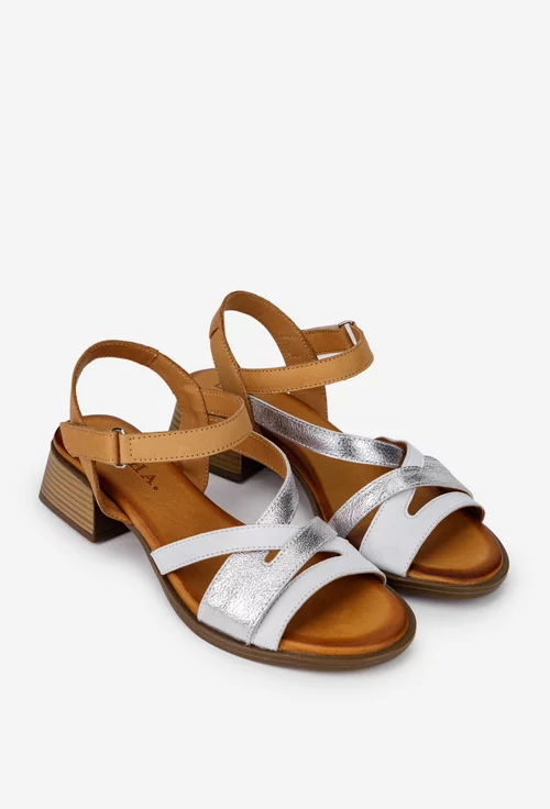 Sandale dama din piele alba cu argintiu si bareta maro