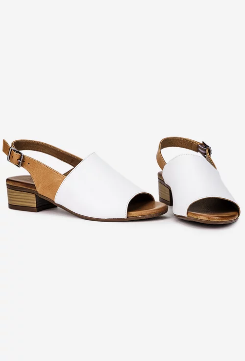 Sandale dama din piele alba cu bareta maro