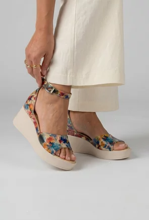 Sandale dama din piele cu imprimeu floral multicolor