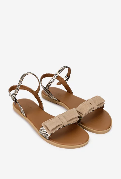 Sandale dama din piele cu imprimeu si funda bej