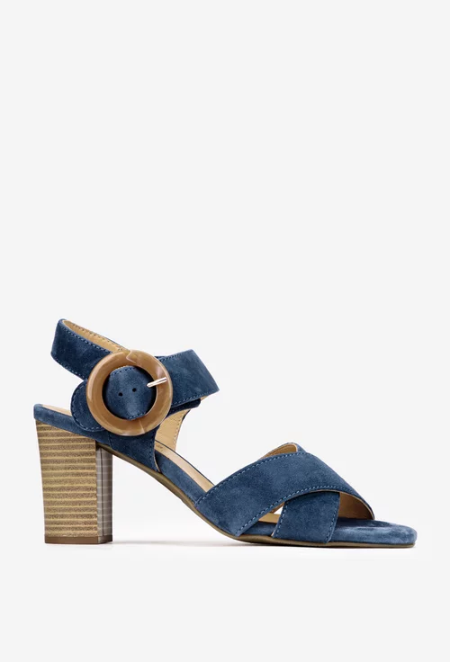 Sandale dama din piele intoarsa bleumarin cu toc