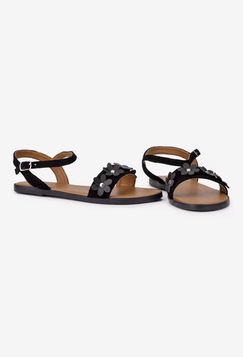 Sandale dama din piele intoarsa neagra cu ornament flori