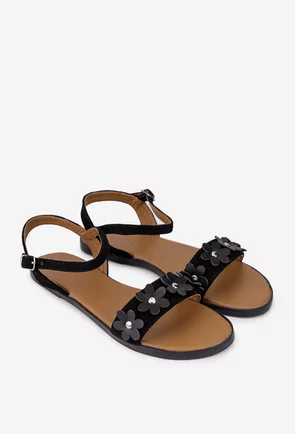 Sandale dama din piele intoarsa neagra cu ornament flori