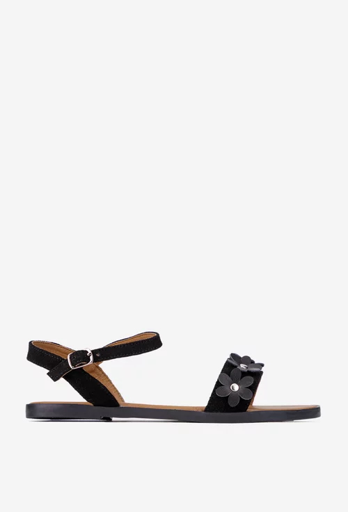 Sandale dama din piele intoarsa neagra cu ornament flori