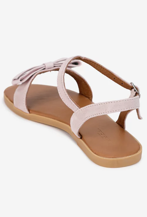 Sandale dama din piele intoarsa roz pudra cu funda