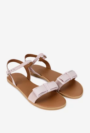 Sandale dama din piele intoarsa roz pudra cu funda