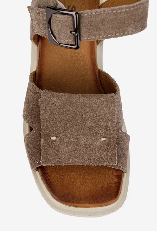 Sandale dama din piele intoarsa taupe