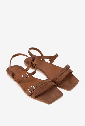 Sandale dama din piele intoarsa taupe cu varful patrat