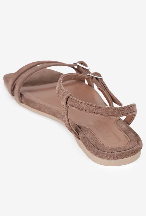 Sandale dama din piele intoarsa taupe cu varful patrat