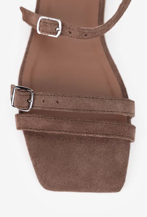Sandale dama din piele intoarsa taupe cu varful patrat
