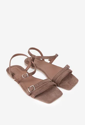 Sandale dama din piele intoarsa taupe cu varful patrat